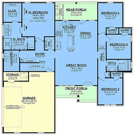Country, Farmhouse, Southern House Plan 82966 with 4 Beds, 2 Baths, 2 Car Garage First Level Plan