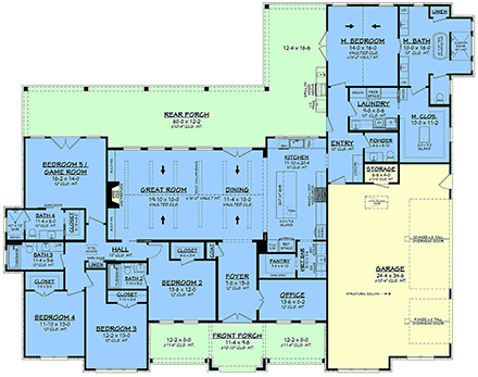 Farmhouse, Southern House Plan 82971 with 5 Beds, 5 Baths, 3 Car Garage First Level Plan