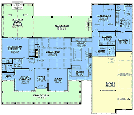 Contemporary, Country, Craftsman, Farmhouse, New American, Southern House Plan 82972 with 5 Beds, 4 Baths, 3 Car Garage First Level Plan