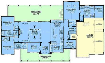 Contemporary, Country, Farmhouse, Southern House Plan 82985 with 3 Beds, 4 Baths, 3 Car Garage First Level Plan