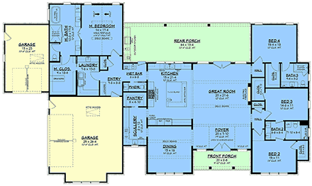 Contemporary, Farmhouse, Traditional House Plan 82988 with 4 Beds, 4 Baths, 3 Car Garage First Level Plan