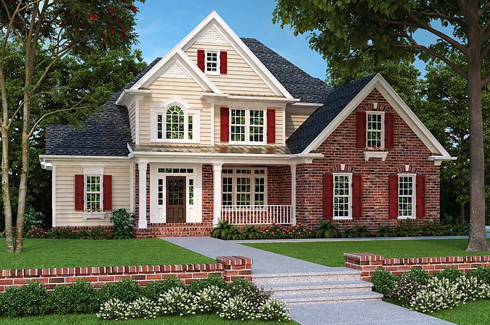 European, Traditional Plan with 2163 Sq. Ft., 4 Bedrooms, 3 Bathrooms, 2 Car Garage Elevation
