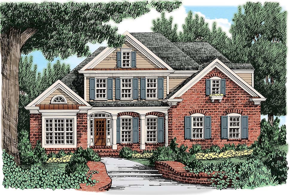 European, Traditional Plan with 2351 Sq. Ft., 4 Bedrooms, 3 Bathrooms, 2 Car Garage Elevation