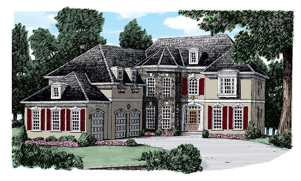 European, French Country, Tudor Plan with 3877 Sq. Ft., 5 Bedrooms, 5 Bathrooms, 3 Car Garage Elevation