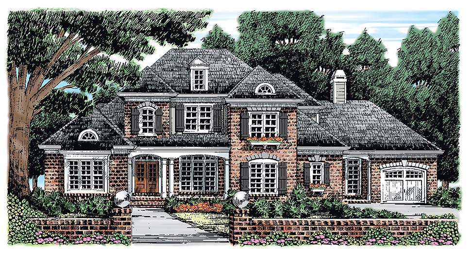European, French Country Plan with 3482 Sq. Ft., 5 Bedrooms, 5 Bathrooms, 2 Car Garage Elevation
