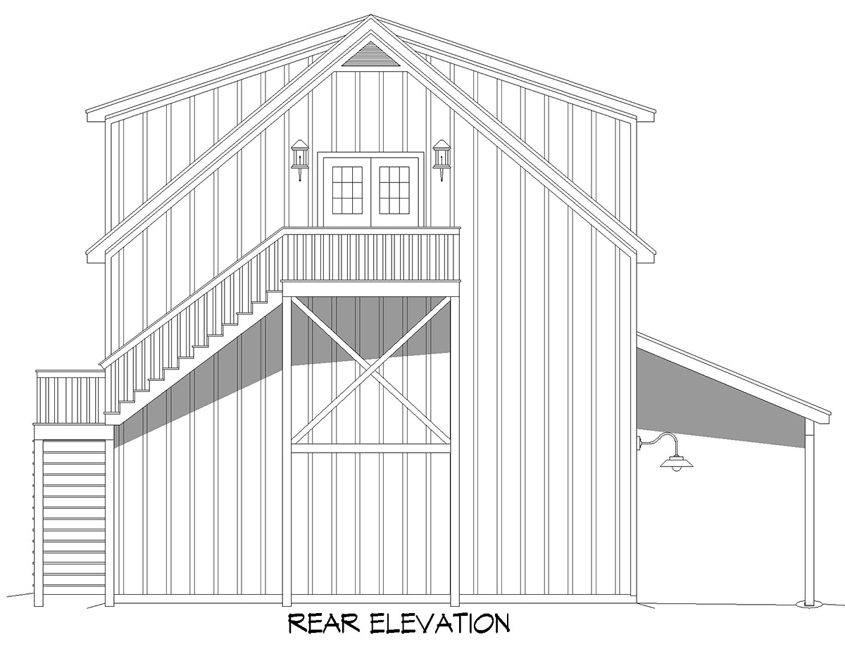 Barndominium, Country, Farmhouse, Traditional Plan with 1155 Sq. Ft., 2 Bedrooms, 3 Bathrooms Rear Elevation