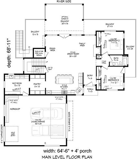 Coastal, European, Modern House Plan 83432 with 3 Beds, 3 Baths, 2 Car Garage First Level Plan
