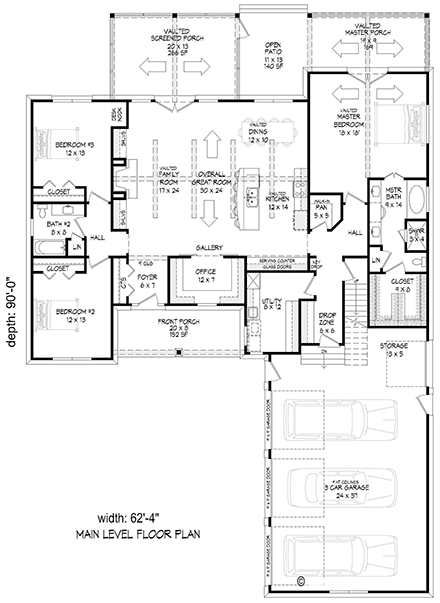Country, Craftsman House Plan 83472 with 3 Beds, 2 Baths, 3 Car Garage First Level Plan