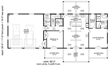 Bungalow, Cabin, Country, Craftsman, Prairie, Ranch, Traditional House Plan 83477 with 2 Beds, 2 Baths, 2 Car Garage First Level Plan