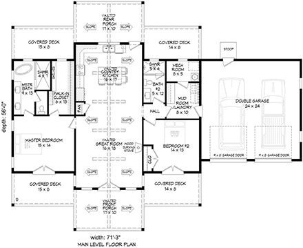 Bungalow, Cabin, Country, Craftsman, Ranch, Traditional House Plan 83483 with 2 Beds, 2 Baths, 2 Car Garage First Level Plan
