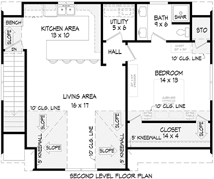 Traditional Garage-Living Plan 83486 with 1 Beds, 1 Baths, 3 Car Garage Second Level Plan