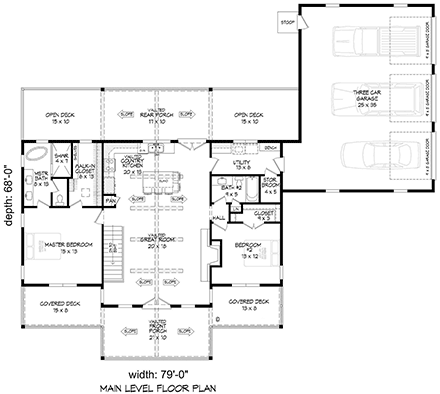 Bungalow, Country, Craftsman, Farmhouse, Prairie, Ranch, Traditional House Plan 83491 with 2 Beds, 2 Baths, 3 Car Garage First Level Plan