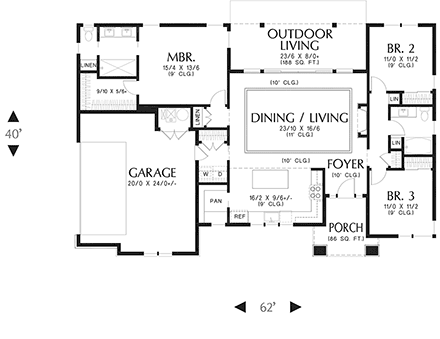 Contemporary, Modern, Prairie, Ranch House Plan 83513 with 3 Beds, 2 Baths, 2 Car Garage First Level Plan