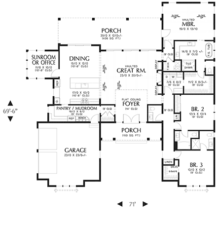 Country, Farmhouse, Ranch House Plan 83515 with 3 Beds, 4 Baths, 2 Car Garage First Level Plan