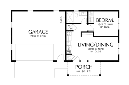 Cottage, Ranch, Traditional Garage-Living Plan 83557 with 1 Beds, 1 Baths, 1 Car Garage First Level Plan