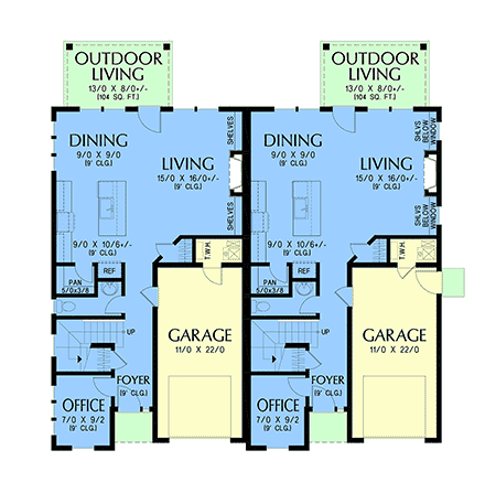 Contemporary, Country, Farmhouse Multi-Family Plan 83596 with 3 Beds, 2 Baths, 2 Car Garage First Level Plan