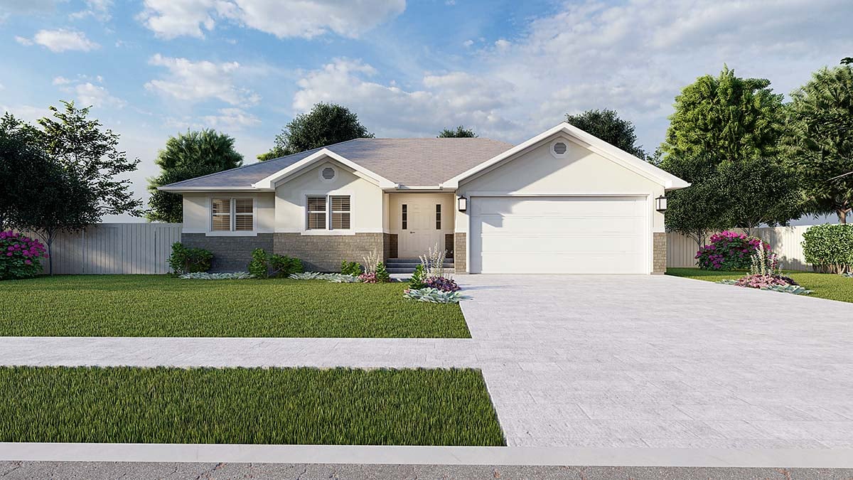 Country, Ranch, Traditional Plan with 1252 Sq. Ft., 3 Bedrooms, 2 Bathrooms, 2 Car Garage Elevation
