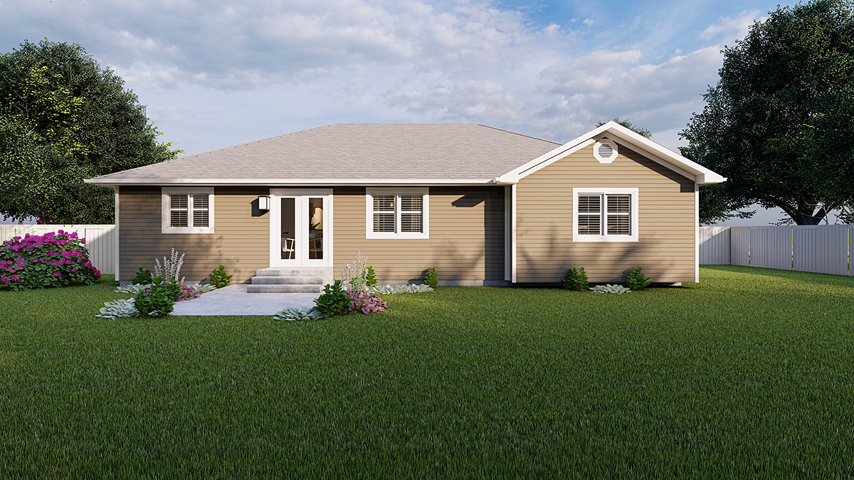Country, Ranch, Traditional Plan with 1252 Sq. Ft., 3 Bedrooms, 2 Bathrooms, 2 Car Garage Rear Elevation