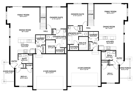 Ranch, Southern, Traditional Multi-Family Plan 83624 with 4 Beds, 4 Baths, 4 Car Garage First Level Plan
