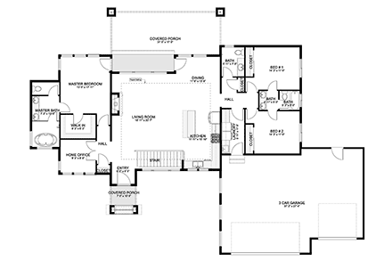 Contemporary, Modern, Prairie, Ranch House Plan 83669 with 3 Beds, 3 Baths, 3 Car Garage First Level Plan