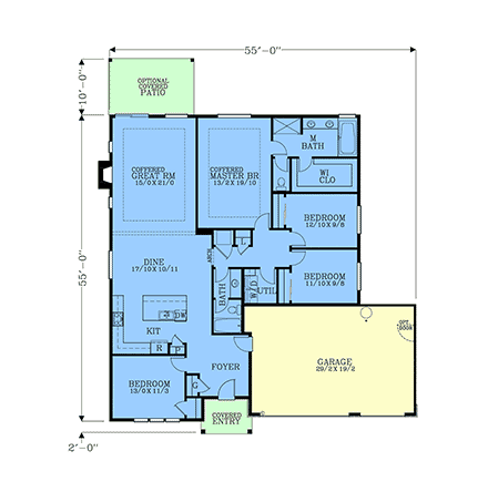 Bungalow, Cottage, Country, Craftsman, Ranch House Plan 83701 with 4 Beds, 2 Baths, 3 Car Garage First Level Plan