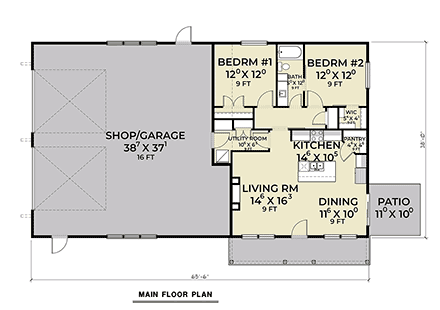 Barndominium, Country, Craftsman, Farmhouse House Plan 83801 with 2 Beds, 1 Baths, 2 Car Garage First Level Plan