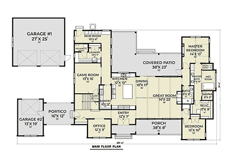 Farmhouse, New American House Plan 83816 with 4 Beds, 3 Baths, 3 Car Garage First Level Plan
