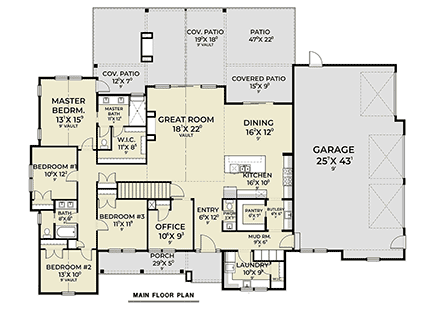 Craftsman, New American, Ranch House Plan 83820 with 4 Beds, 3 Baths, 3 Car Garage First Level Plan