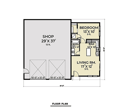 Barndominium, Contemporary, Modern Garage-Living Plan 83823 with 1 Beds, 1 Baths, 2 Car Garage First Level Plan