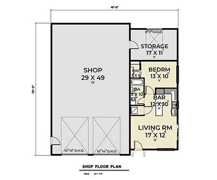 Barndominium, Country, Craftsman, Farmhouse Garage-Living Plan 83825 with 1 Beds, 1 Baths, 2 Car Garage First Level Plan