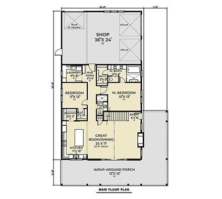 Barndominium, Country, Craftsman, Ranch, Southern House Plan 83844 with 3 Beds, 3 Baths, 3 Car Garage First Level Plan