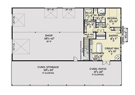 Barndominium, Country, Farmhouse House Plan 83859 with 1 Beds, 2 Baths, 4 Car Garage First Level Plan