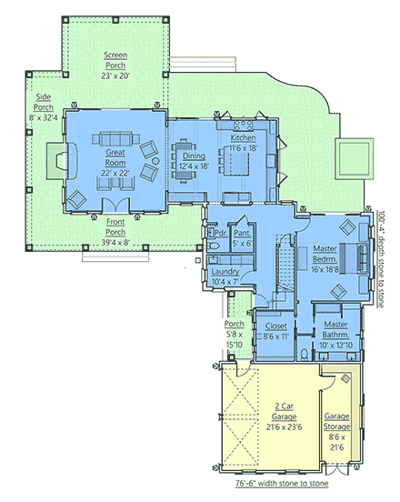 Country, Farmhouse, Southern House Plan 83900 with 3 Beds, 4 Baths, 2 Car Garage First Level Plan