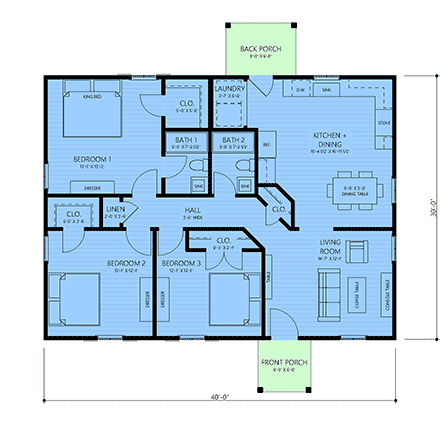 Cabin, Cottage, Country, Narrow Lot House Plan 83902 with 3 Beds, 2 Baths First Level Plan