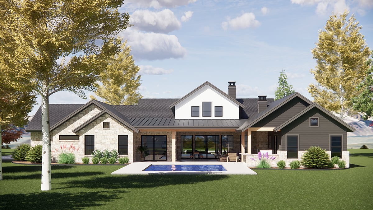 Contemporary, Ranch Plan with 3564 Sq. Ft., 4 Bedrooms, 5 Bathrooms, 3 Car Garage Rear Elevation