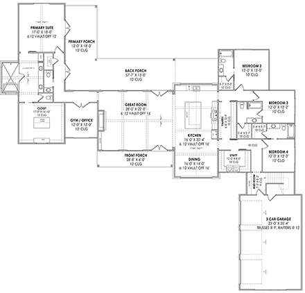 Farmhouse, Modern House Plan 84109 with 4 Beds, 5 Baths, 3 Car Garage First Level Plan