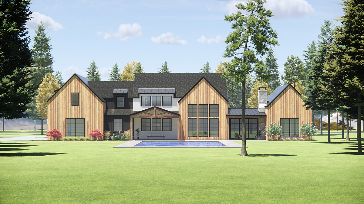 Farmhouse, Modern Plan with 4358 Sq. Ft., 4 Bedrooms, 5 Bathrooms, 4 Car Garage Rear Elevation