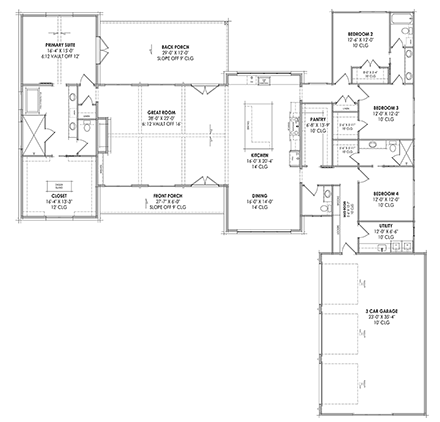Contemporary, Farmhouse, Ranch House Plan 84113 with 4 Beds, 4 Baths, 3 Car Garage First Level Plan