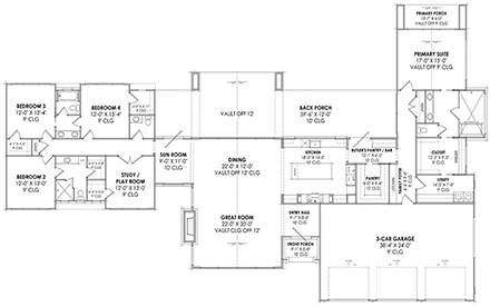 Contemporary, Ranch House Plan 84119 with 4 Beds, 4 Baths, 3 Car Garage First Level Plan