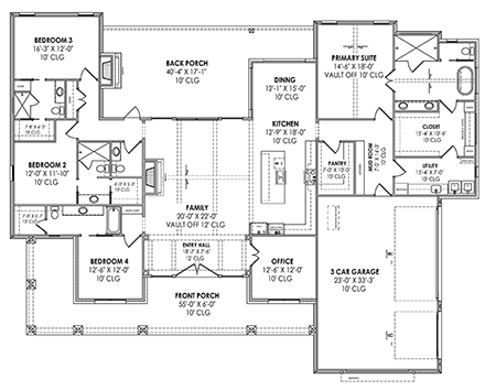 Farmhouse, Ranch House Plan 84121 with 4 Beds, 5 Baths, 3 Car Garage First Level Plan