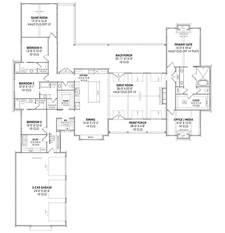 Contemporary, French Country, Ranch House Plan 84122 with 4 Beds, 5 Baths, 3 Car Garage First Level Plan