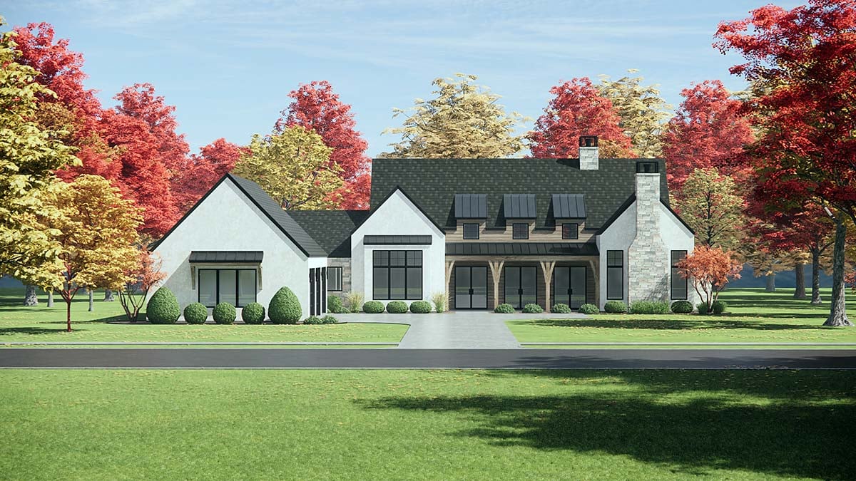 Contemporary, French Country, Ranch Plan with 3872 Sq. Ft., 4 Bedrooms, 5 Bathrooms, 3 Car Garage Elevation