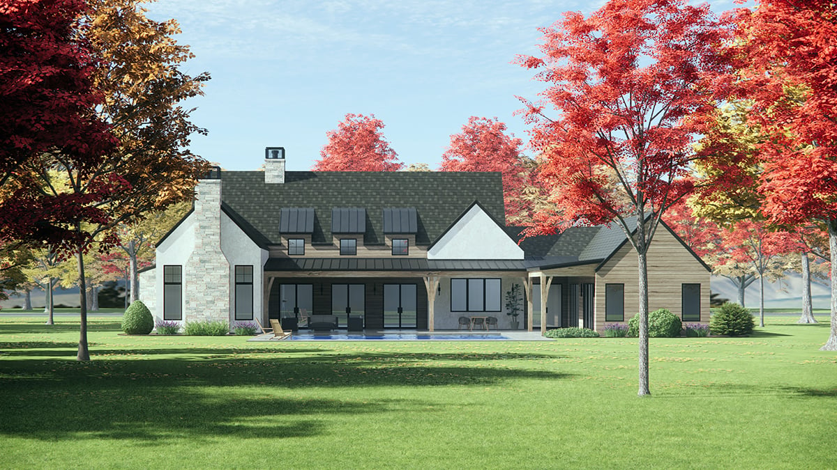Contemporary, French Country, Ranch Plan with 3872 Sq. Ft., 4 Bedrooms, 5 Bathrooms, 3 Car Garage Rear Elevation