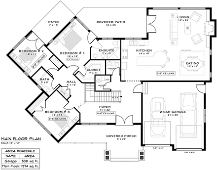 Bungalow, Cottage, Country, Ranch House Plan 84602 with 4 Beds, 4 Baths, 2 Car Garage First Level Plan