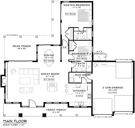 Bungalow, Cottage, Craftsman, Ranch, Southwest House Plan 84617 with 2 Beds, 2 Baths, 2 Car Garage First Level Plan