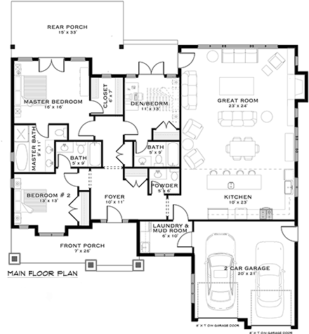 Bungalow, Cottage, Country, Craftsman, Ranch House Plan 84618 with 3 Beds, 4 Baths, 2 Car Garage First Level Plan