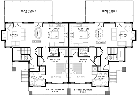 Country, Farmhouse, Prairie Multi-Family Plan 84621 with 6 Beds, 6 Baths, 4 Car Garage First Level Plan