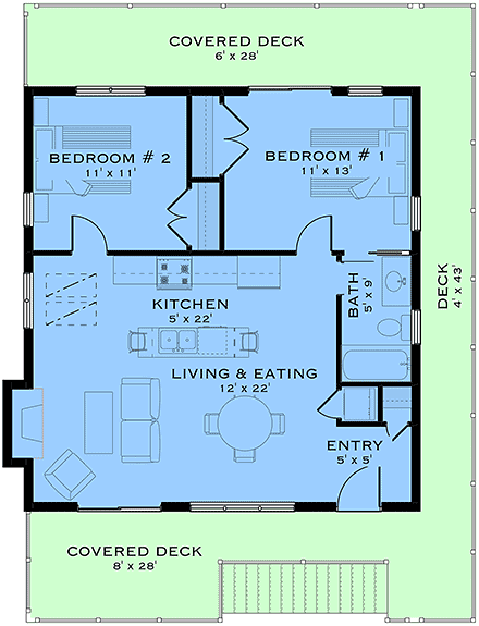 Cottage, Country, Farmhouse Garage-Living Plan 84627 with 2 Beds, 1 Baths, 2 Car Garage Second Level Plan