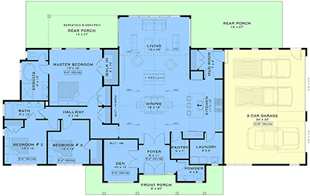 Coastal, Country, Craftsman, Farmhouse, Ranch House Plan 84628 with 3 Beds, 3 Baths, 3 Car Garage First Level Plan