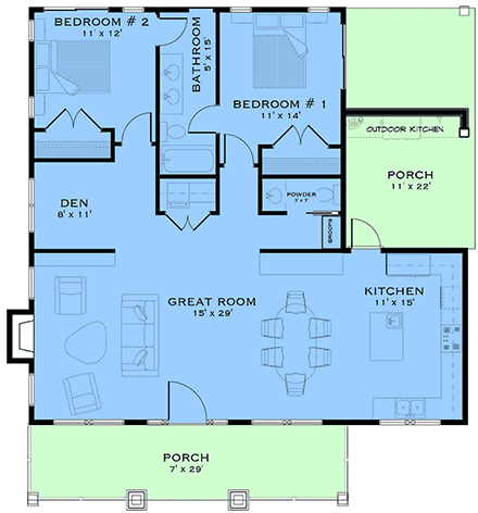 Bungalow, Cottage, Country, Craftsman, Ranch House Plan 84648 with 2 Beds, 2 Baths First Level Plan
